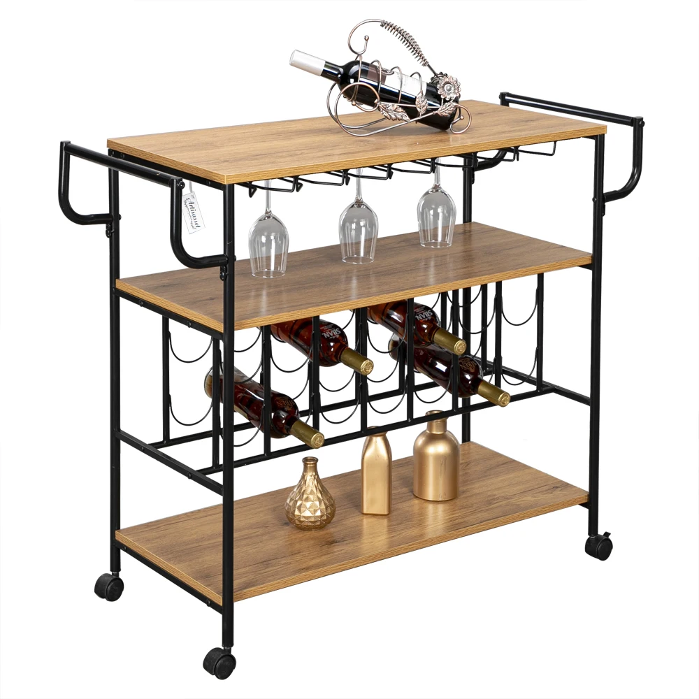 HT-BC003 Industrial Wine Rack Cart Kitchen Rolling Storage Bar Wood Table Serving Trolley  Kitchen Cart Wine Cart  US warehouse