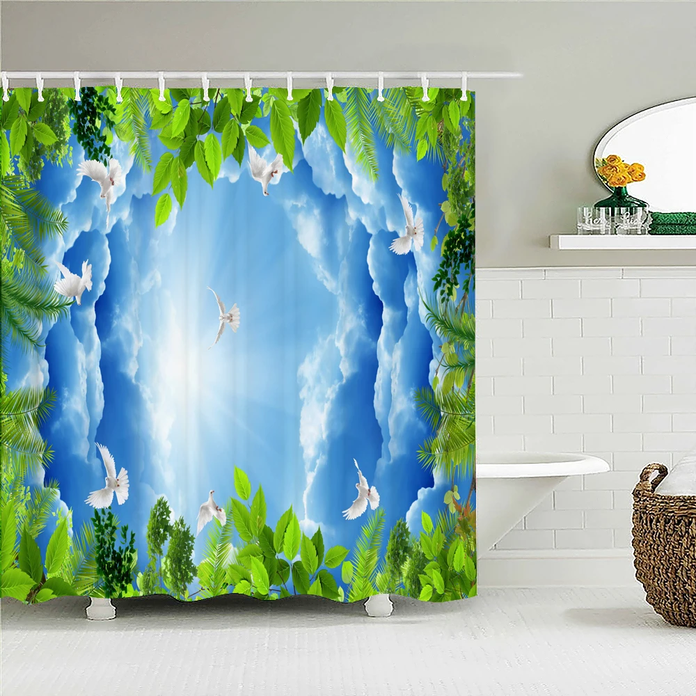 Sunny Blue Sky Forest Trees Dove landscape 3D Print Shower Curtain with Hooks Waterproof Fabric Home Bathroom Curtains 180x180