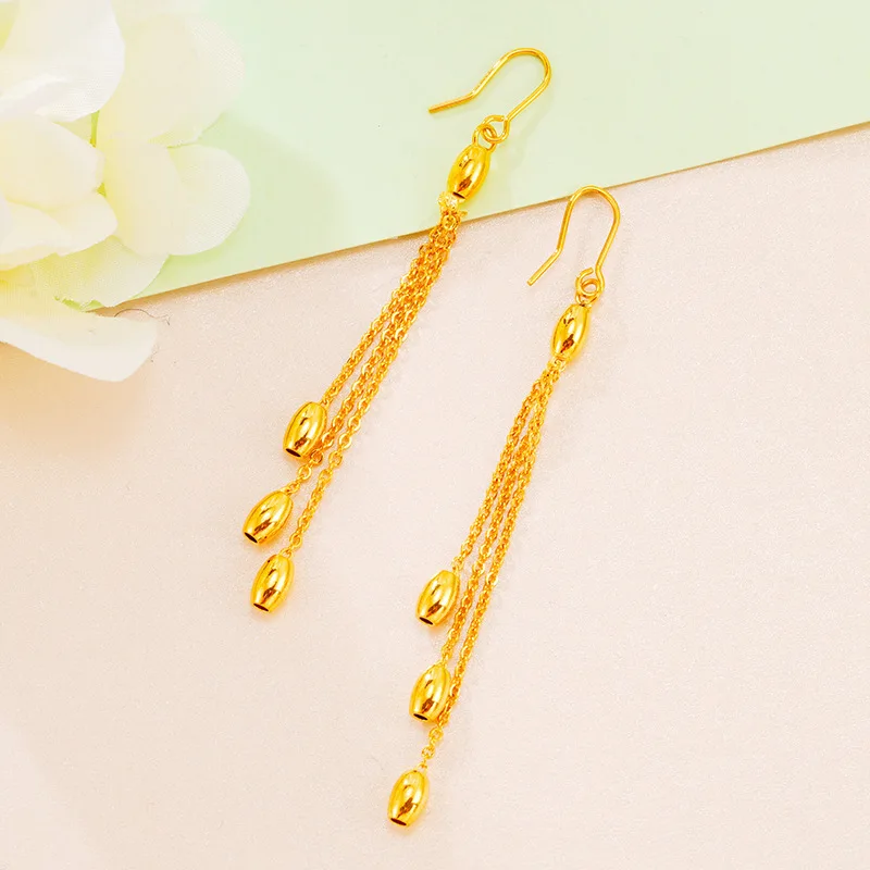 24K Gold Plated Earrings for Women Girls Long Tassel Oval Beads Korean Fashion Drop Earrings 2021 Trend New Gold Jewelry Gift