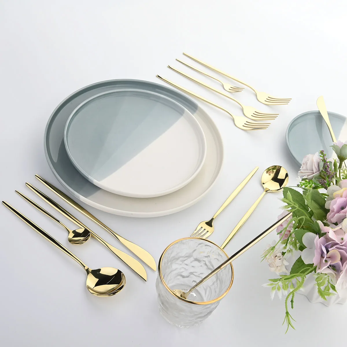 10Pcs Champagne Gold Dinnerware Stainelss Steel Cutlery Flatware Set Silverware Fork Spoon Knives Dessert Wedding Tableware Set