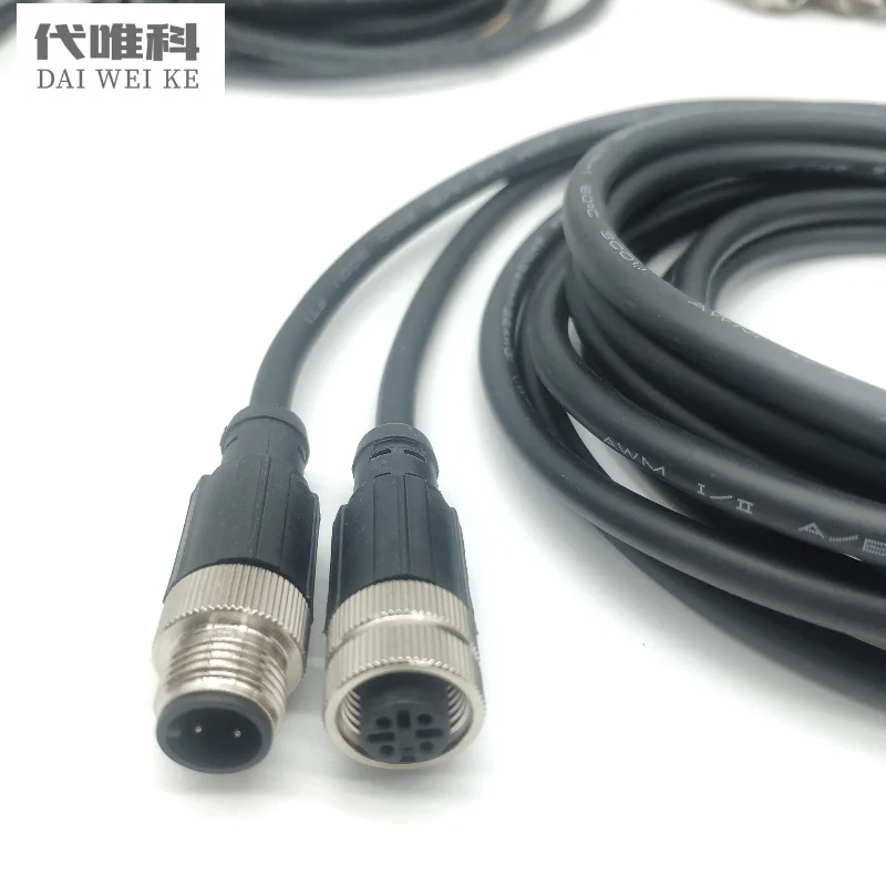 M12 Sensor Connector Single Terminal +2m Shield Wire IP67 Screw Threaded Plug Coupling Straight/Angle 4/5/8/12Pin Adapter Socket