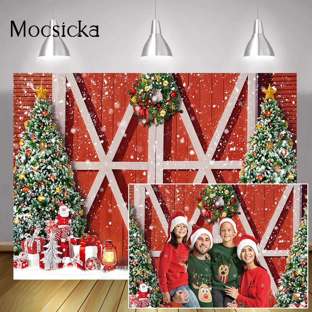 Fondo de puerta de Granero rojo Retro de Navidad, regalos de nieve de invierno, fondo de árboles de Navidad, foto de retrato de cumpleaños familiar para niños y adultos