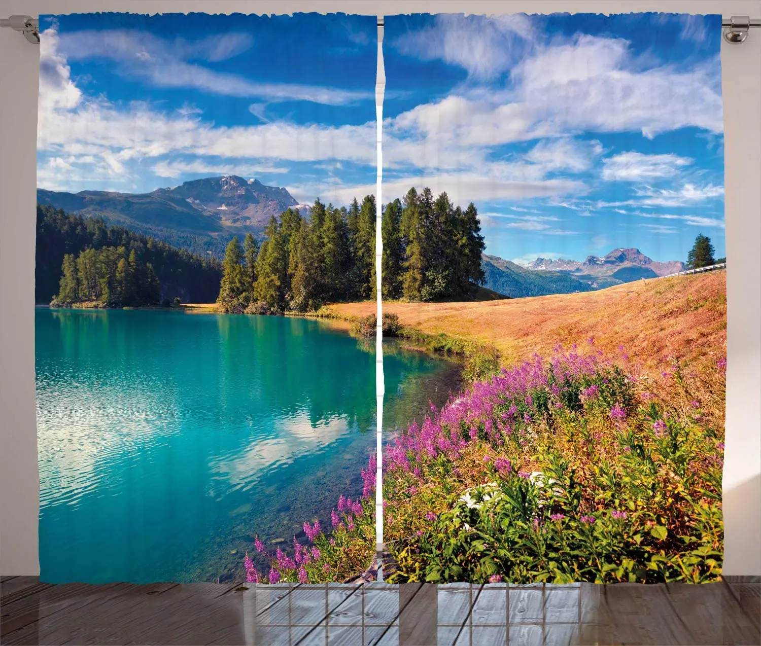 Multicolor Switzerland Curtains Colorful Spring Landscape Champferersee Lake Flowering Field Mountains Living Room Window Drape