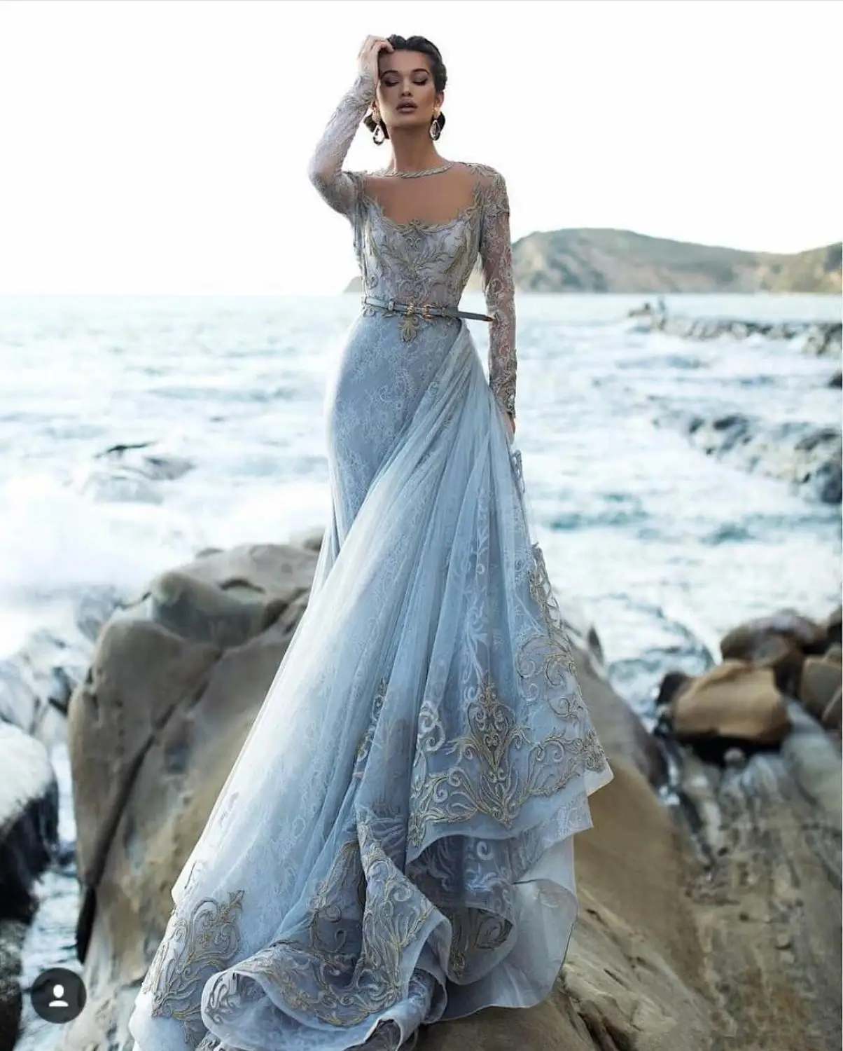 Light Blue Vintage Evening Dresses Sheer Jewel Neck Lace Appliques Long Sleeve Formal Prom Gowns Arabic Party Dress