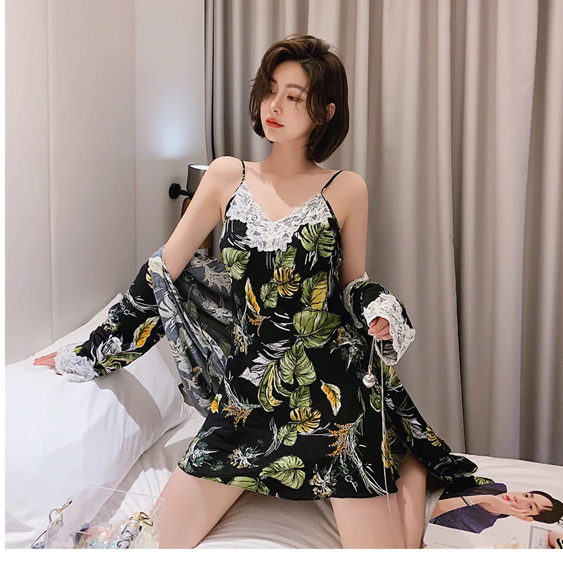 CYNTHRA Robes Sets Ladies Night Gown Autumn Cotton Sexy Print Plus Size 2XL Sling Hawaiian Loose 2 Pieces Female Nightdress Set