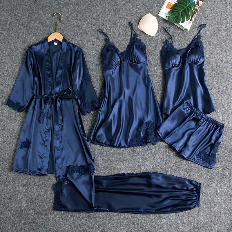 Sleepwear Female 5PCS Pajamas Set Satin Pyjamamas Lace Patchwork Bridal Wedding Nightwear Rayon Home Wear Nighty&Robe Suit