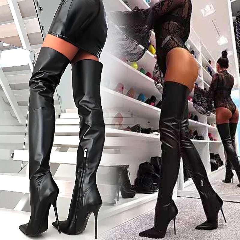 

ASHIOFU New Style Ladies Handmade High Heel Boots Night-club Party Prom Black Skinny Thigh High Boots Winter Evening Long Boots