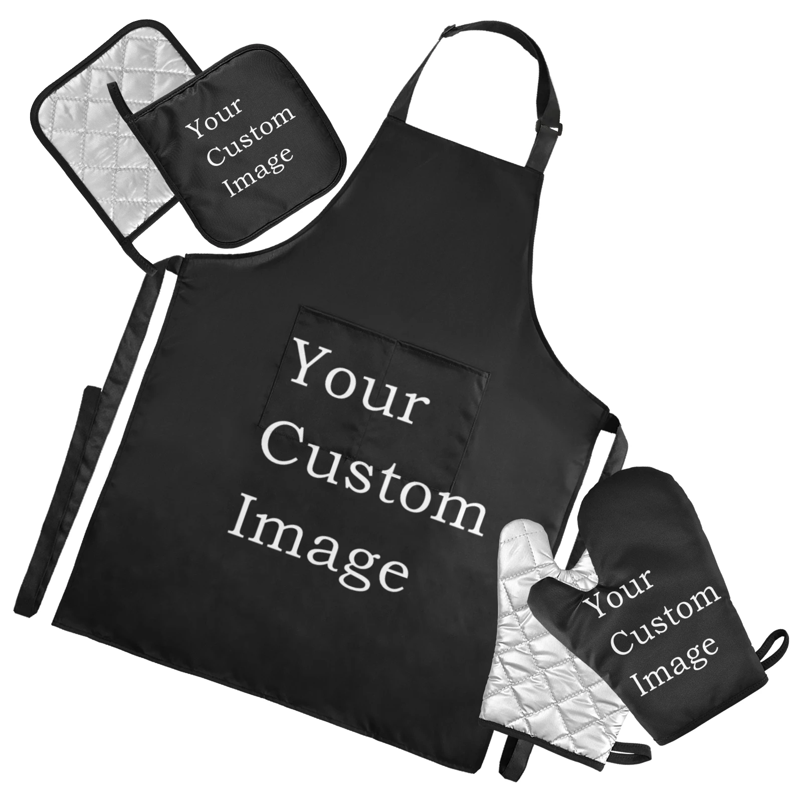 Newest Custom 5 Pack Kitchen Set Waterproof Apron With Pockets Heat Resistant Oven Mitts And Pot Holder For Cooking BBQ Baking