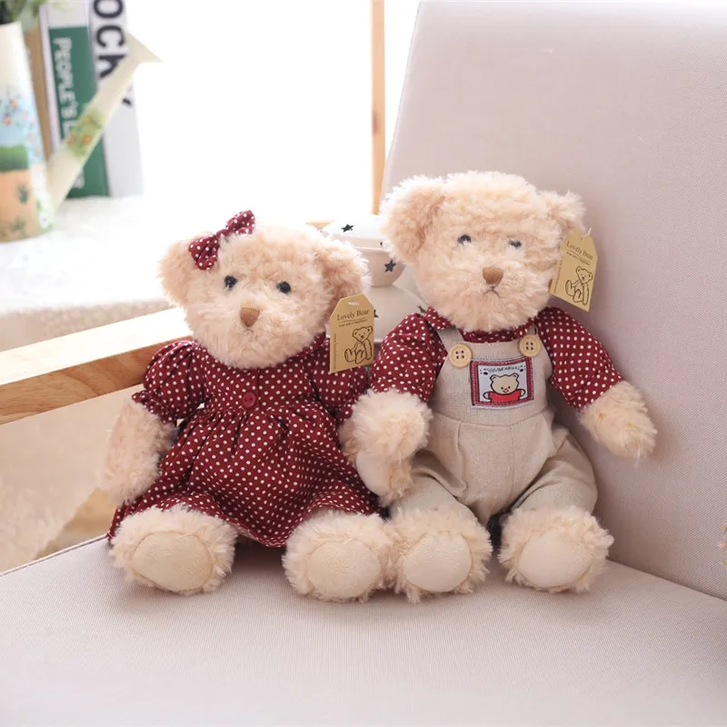 A pair 26cm Cute Couple Teddy Bear With Cloth Plush Toys Stuffed Dolls Toy Kids Baby Girls Children Girl Birthday Christmas Gift