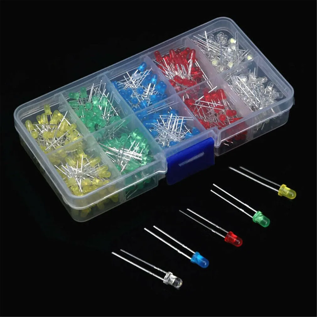 200PCS 3MM 5MM Led Kit With Box Mixed Color Red Green Yellow Blue White Light Emitting Diode Assortment 5x100pcs=500Pcs F3 F5