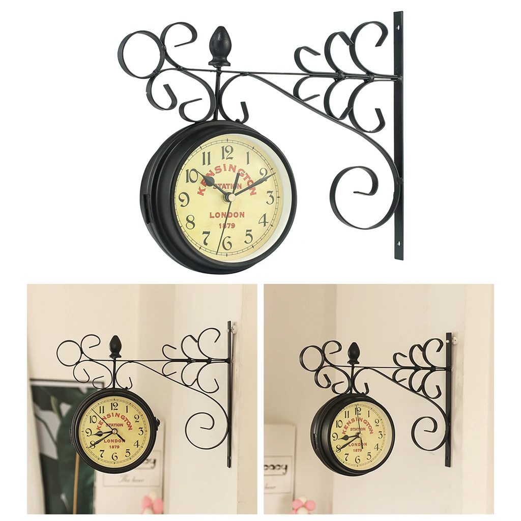 Decorative Double Faced Wall Clock Antique Station Wall Clock Quiet Retro Ornament Indoor/Outdoor Home Living Room Decoration