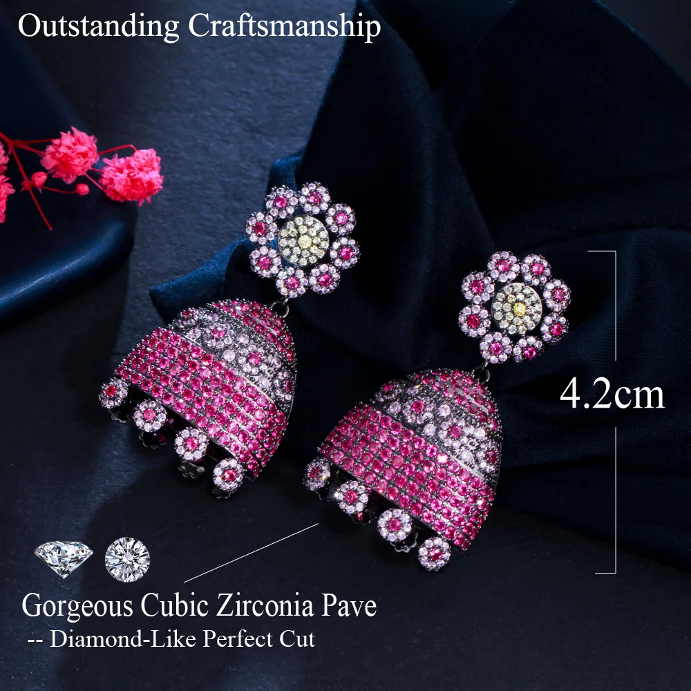 CWWZircons Micro Pave Cubic Zirconia Stone Cluster Flower Luxury Geometric Wedding Party Earrings for Women Ethnic Jewelry CZ007