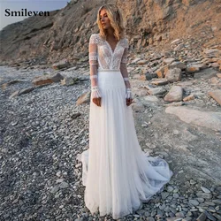 Smileven-vestido de novia largo de encaje con cuello en V, traje de novia estilo bohemio, con apliques de tul, 2020