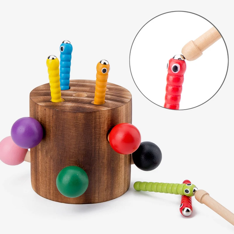 Cognitive Education Puzzle Toys Color Wood Toys Magnetic Caterpillar Animal Early Childhood Education Catch Worm Game