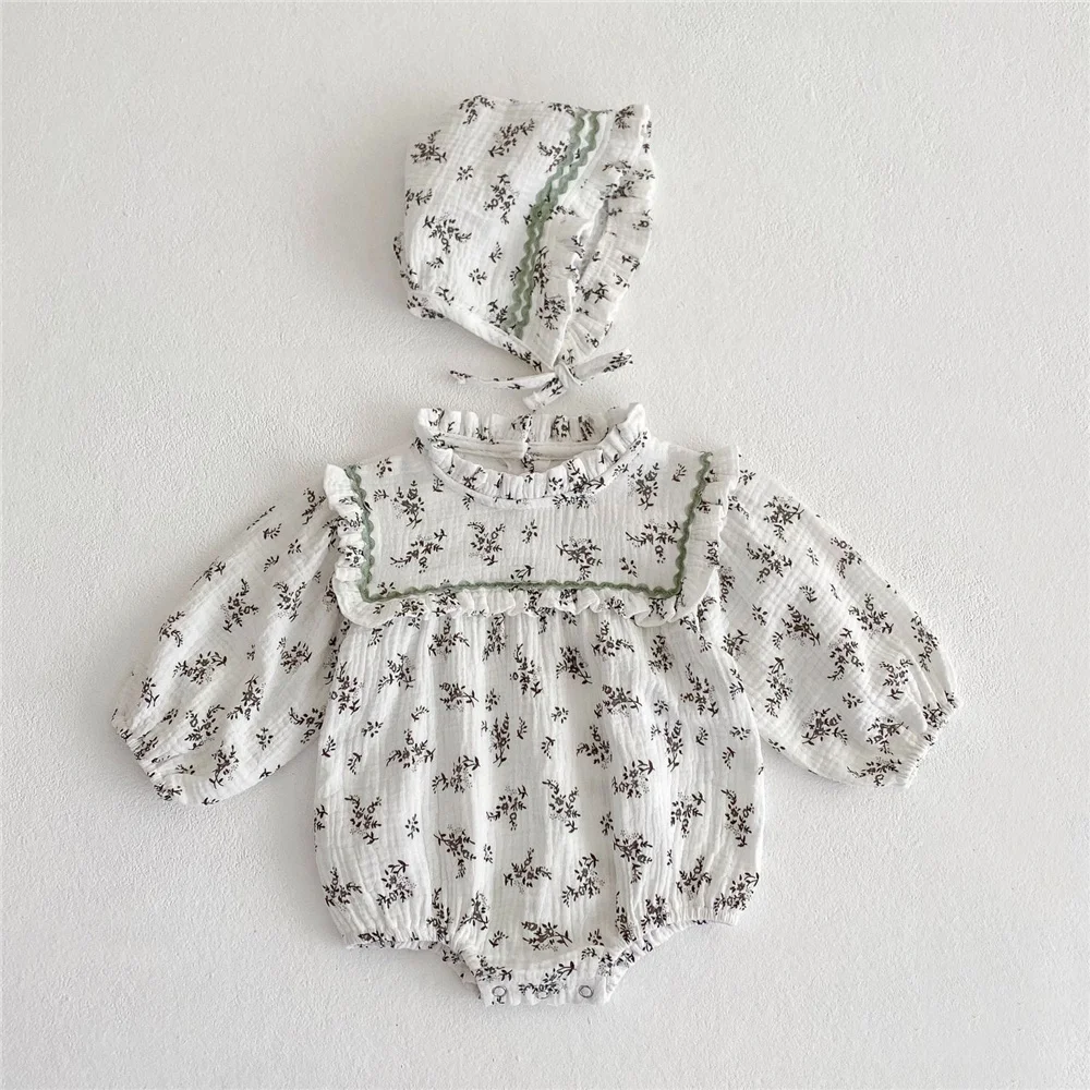 

2Pcs Baby Girls Romper With Hat Vintage Floral Cotton Long Sleeves Newborn Jumpsuit Newborn Baby Girl Clothes Spring