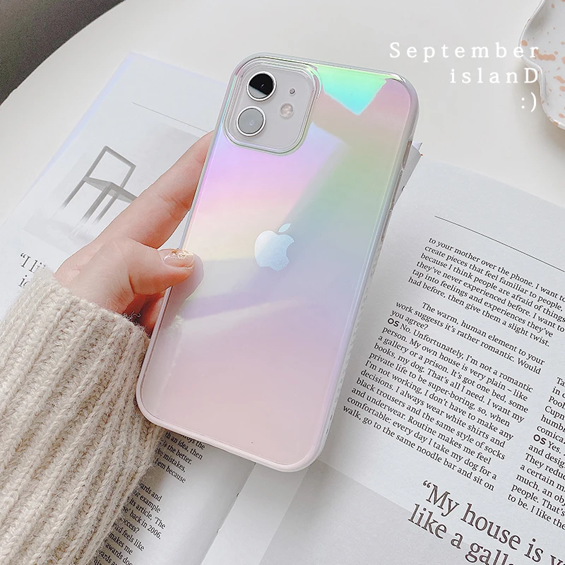 Luxury Square Glossy Electroplating Transparent Laser Rainbow Soft Hard Phone Case For iPhone 14 13 12 Pro Max 11 MiNi Cover - náhled 3