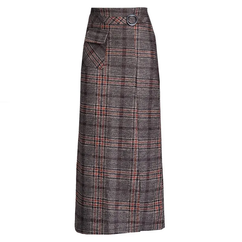 Elegant Retro Female Hight Waist Woolen Long Plaid Skirt Women Casual Straight Vintage Fashion Maxi Skirt Jupe Longue Femme Slim