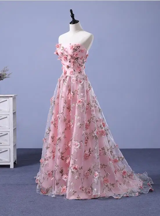 Licht Rosa Floral Kleid Schatz Applique Tulle A-line Abendkleider Lace-Up Zurück Bodenlangen Prom Kleid Für Foto-shooting