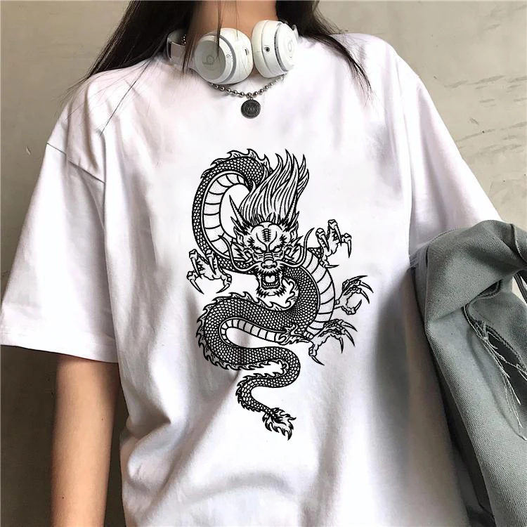 

Harajuku Women's T-shirt Chinese Dragon Cartoon 90s Top Female T Shirts Harajuku Summer Streetwear O-Neck Leisure Shirt Clothes