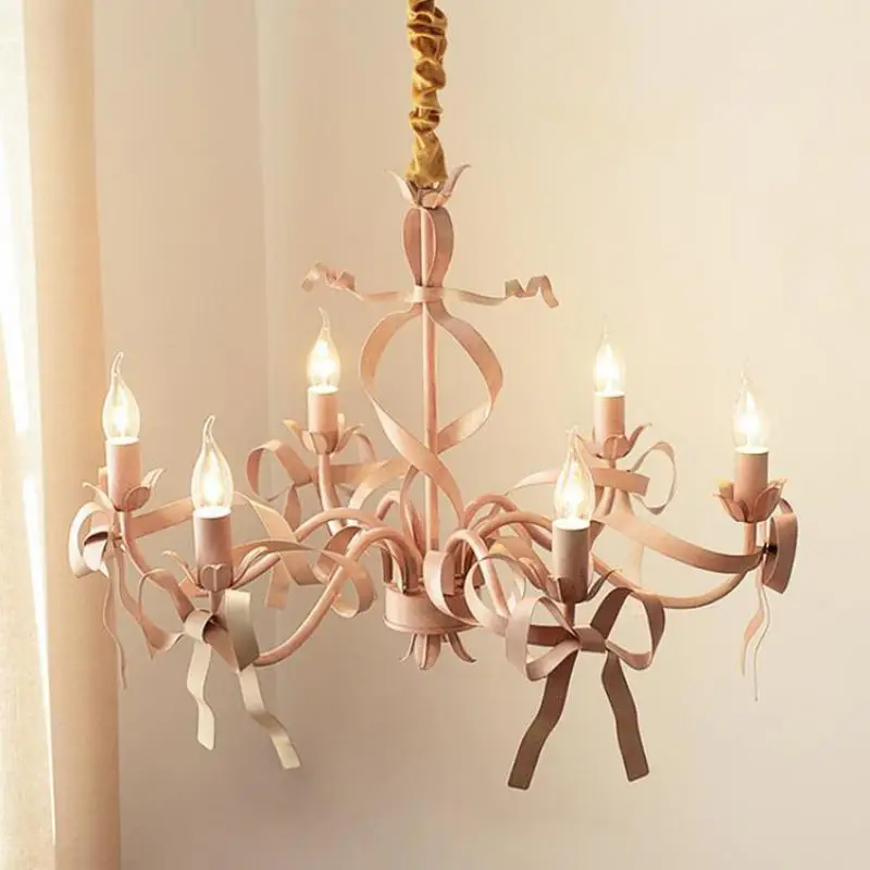 Warm LED Pink Ribbon chandelier lighting girl room pastoral pink bow lamp European style princess room chandeliers home  decor