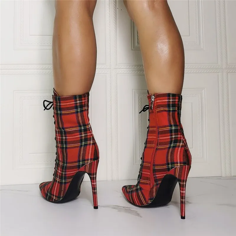 Simple Designed Fashion Plaid Lace Up High Heel Women Boots Pointed Toe Side Zip Sexy Short Booties Customized Big Size 47