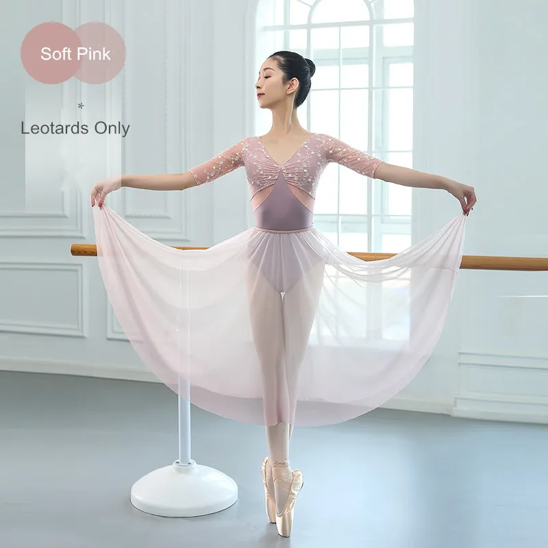 New V Neck Dance Embroidered Flower Gymnastics Leotards Girls Adult Middle Sleeve Conjoined Body Training Ballet Leotard