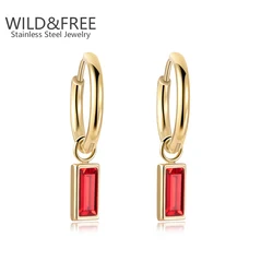 Gold Plated AAA Square Cubic Zirconia Drop Hoop Earrings for Women Mother Jewelry Gift Water Proof Stainless Steel  Earrings
