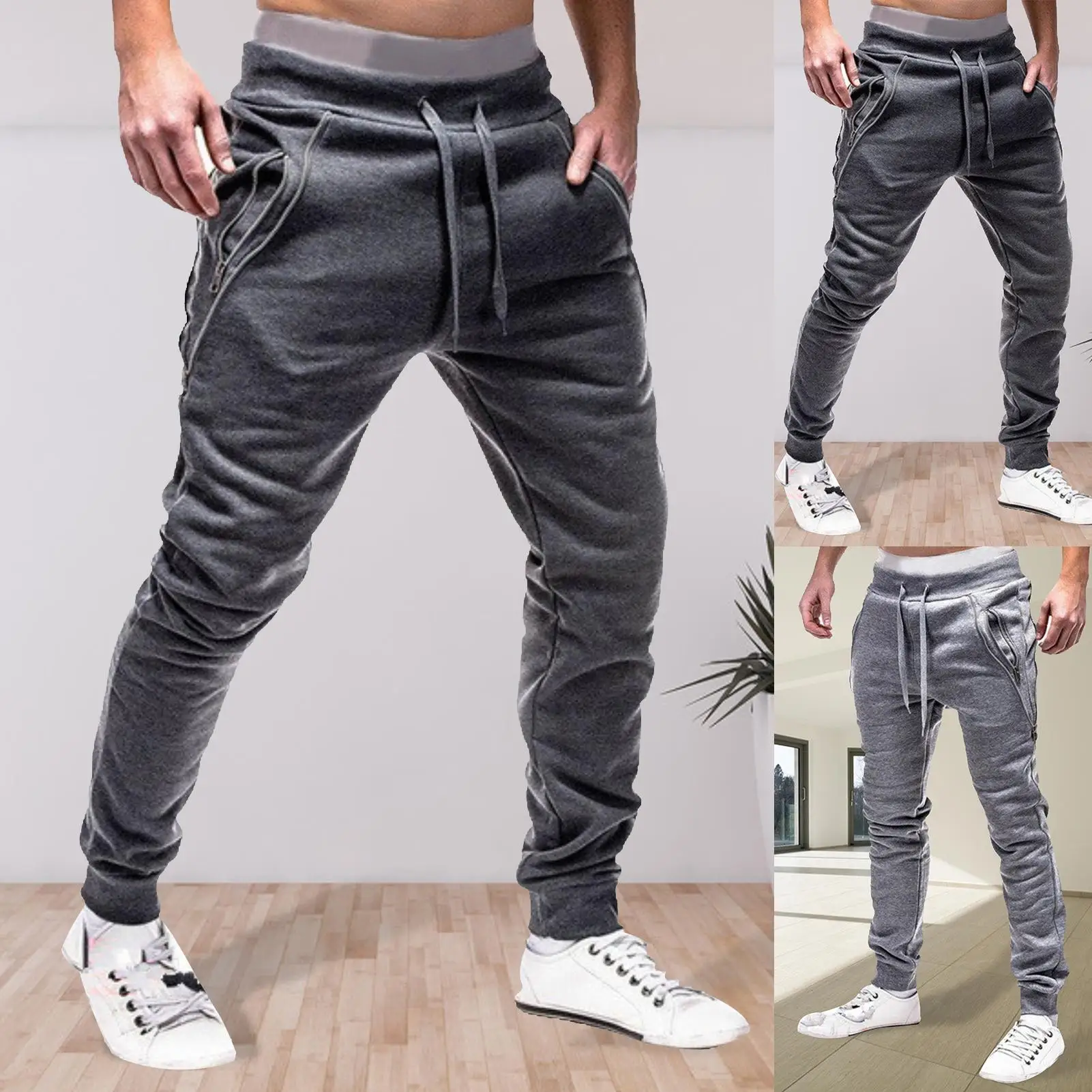 Men Drawstring Zipper Pockets Ankle Tied Sweatpants Sports Trousers Skinny Pants Gyms Pants Men's Casual Loose Trousers Autumn