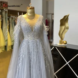 Elegant Dubai Silver A-Line Evening Night Dress for Women 2024 Beads Detachable Train Feathers Shawl Yarn Formal Party Gowns