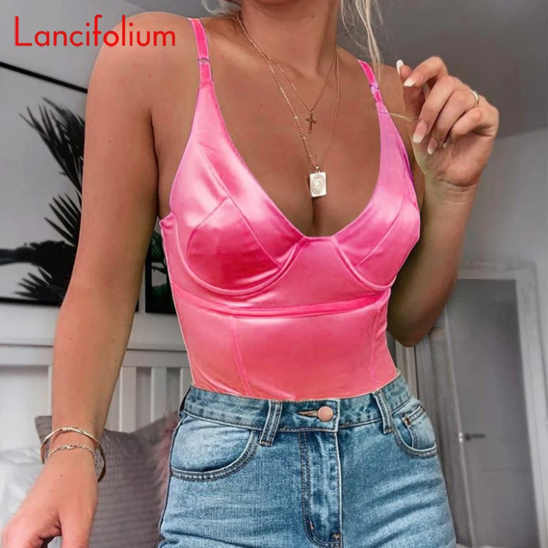 Spaghetti Strap Sexy Body Satin Bodysuit Women Summer Bodycon Sleeveless Romper Pink Y2k Egirl Baddie Deep V Neck Thong Bodysuit