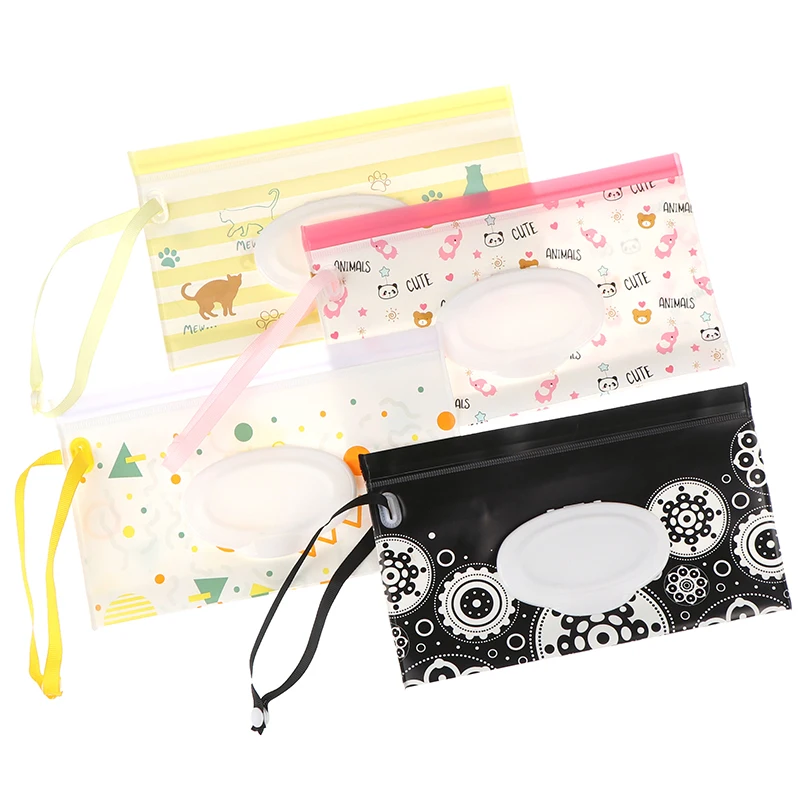 Fashion Wipes Carrying Case Clutch and Clean Wet Wipes Bag for Stroller Cosmetic Pouch with Easy-Carry Snap-Strap 4 Models