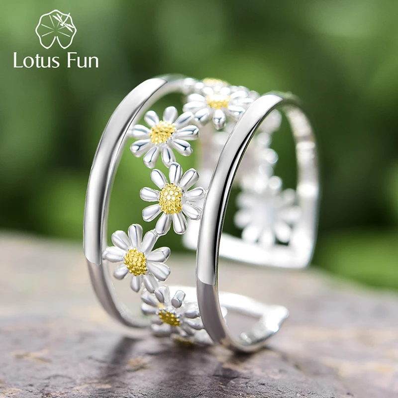 Элегантные регулируемые кольца Lotus Fun с маленьким цветком ромашки для женщин, настоящее серебро 925 пробы, оригинальные роскошные ювелирные