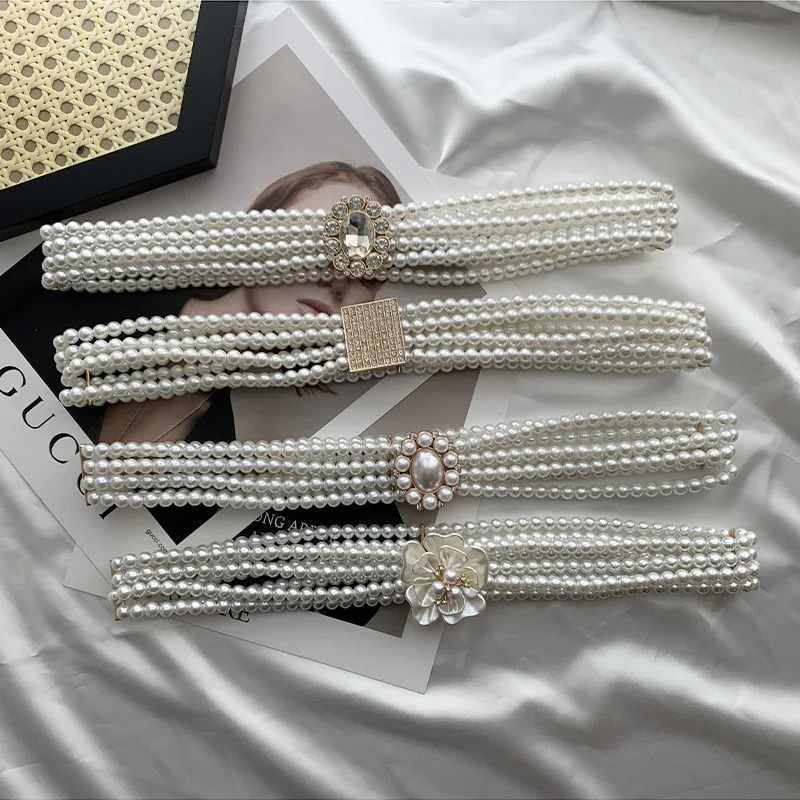 Fashion Elastic A Variety Of Styles Rhinestone Buckle Waist Chain Accessories Ladies Belt Pearl Elastic Formal Women Waistband