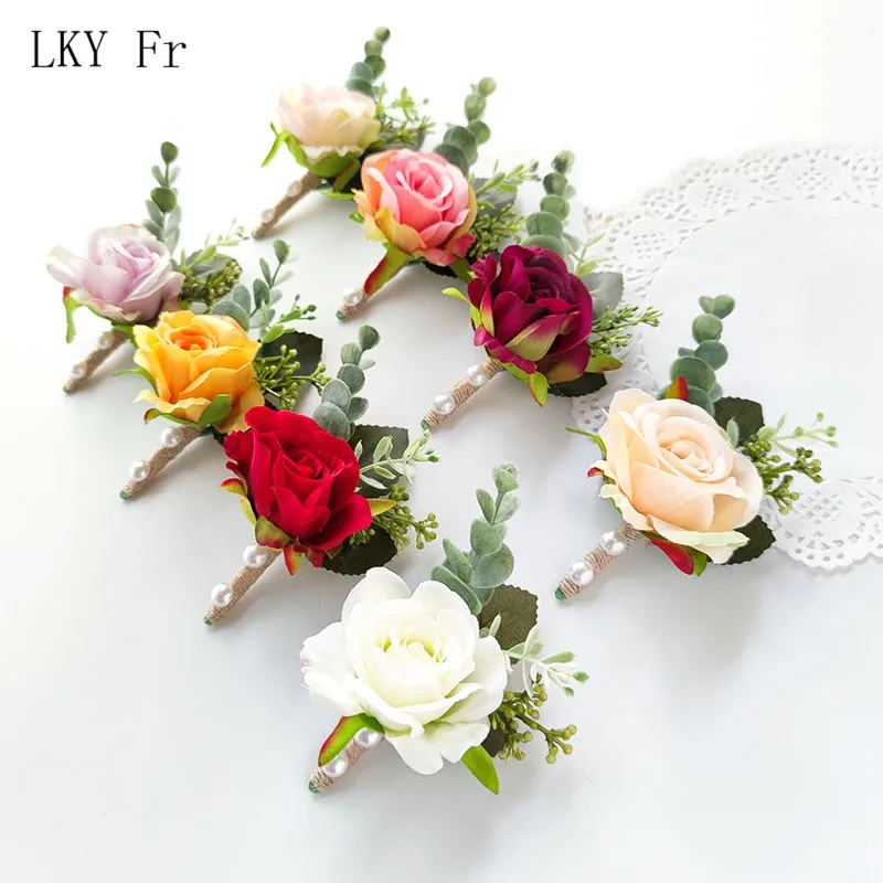 LKY Fr Boutonniere Pin Wedding Corsage Bracelet Bridal White Pink Roses Silk Flower Marriage Accessories Groom Buttonhole Brooch