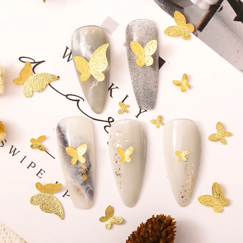 50Pcs Autumn Gold Butterfly Charms 5 Different Sizes Nail Art Rhinestones Metal 3D Decals Stickers For DIY Manicure Crafts