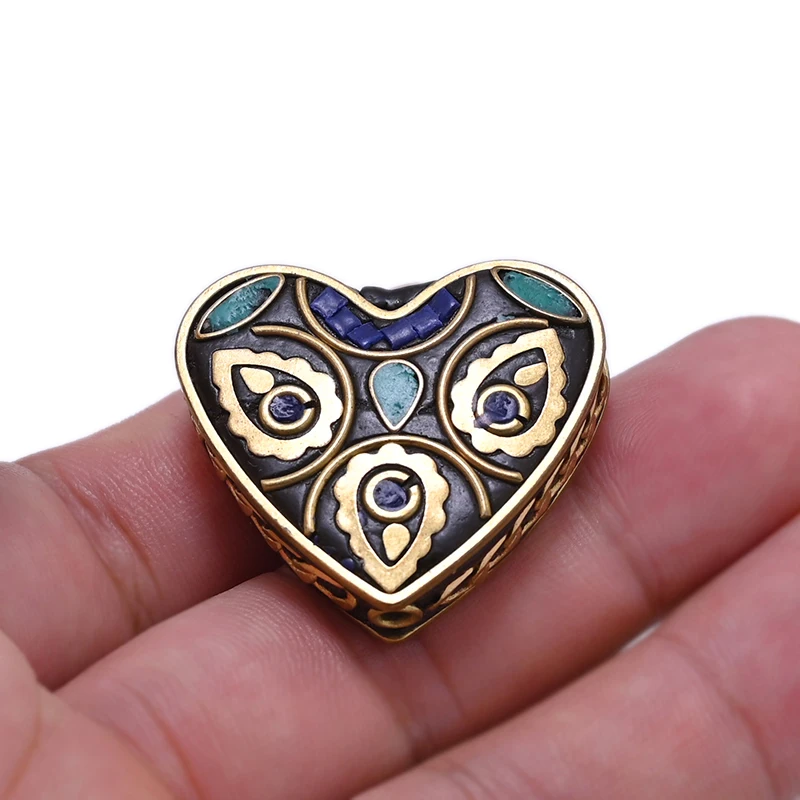 TZ-L06 Peach Heart Shaped Antique Gold Retro Nepal Beads Tibetan Metal Beads For Jewelry Making DIY Charm Bracelet Necklace