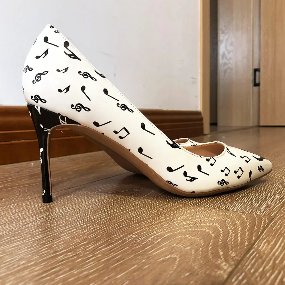 Veowalk Music Symbols Printed Women Stiletto High Heels Slip On Pointy Toe Patent Leather Pumps Cute Ladies Formal Dress Shoes