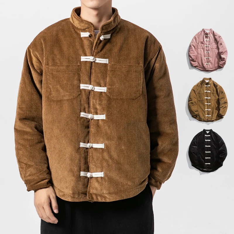 

Large Size Brown Chinese Style Cotton Padded Jackets Mens Pink Buckle Corduroy Coats Mens Japanese Streetwear Fashion Clothing