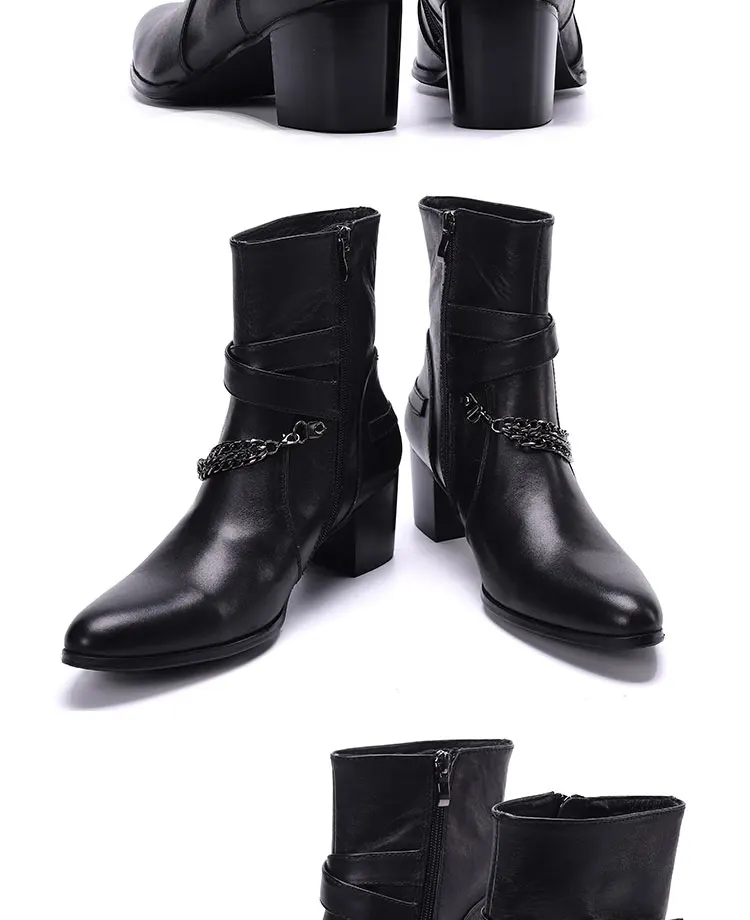 Herbst und Winter spitze High Heels Herren stiefel binden eine Kette Niet Gürtels chnalle dicken Absatz echtes Leder dicke Stöckels tiefel – Detail 4