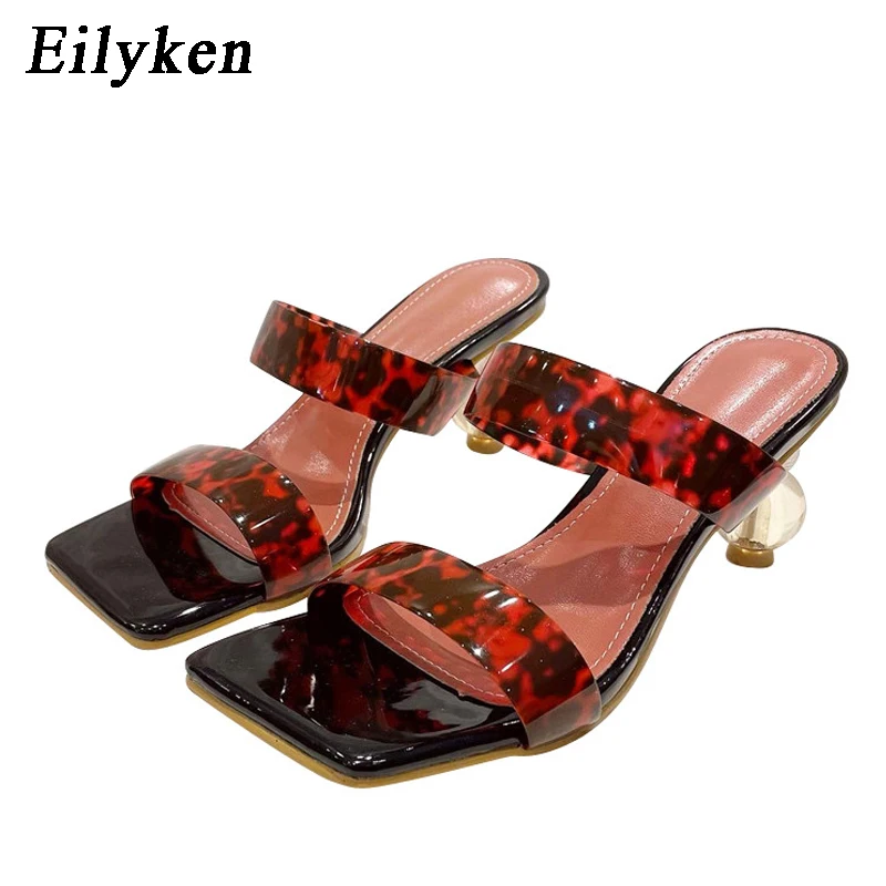 Eilyken 2024 New Summer Square Toe Ladies Slippers PVC Transparent Crystal Strange Style Clear Heel Women Leopard Grain Slides