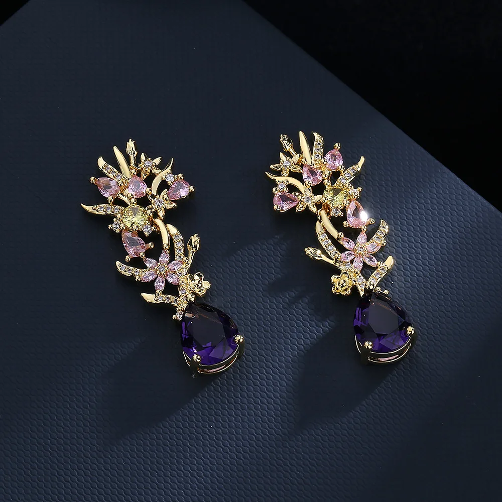 Exaggerated atmosphere zircon flower earrings fashion colored diamond hollow catwalk street photography female party jewelry