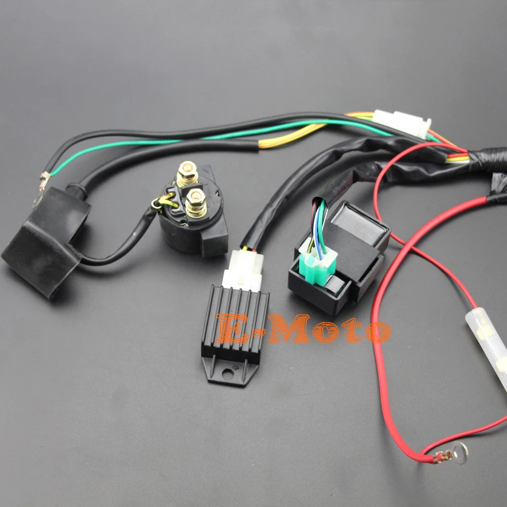 Full Wiring Harness Loom Solenoid Coil Regulator C7HSA Spark Plug 50cc 70cc 90cc 110cc 125cc Dirt Pit BIke Electric Start Engine