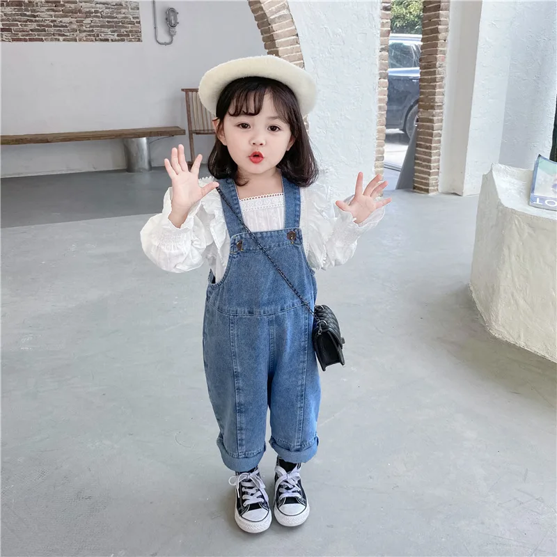 

Spring Loose Girls Overalls Denim Jumpsuit Wholesale Blue Jeans Trousers Autumn 3t Girls Clothes Korean Baby Fall Clothes Cotton