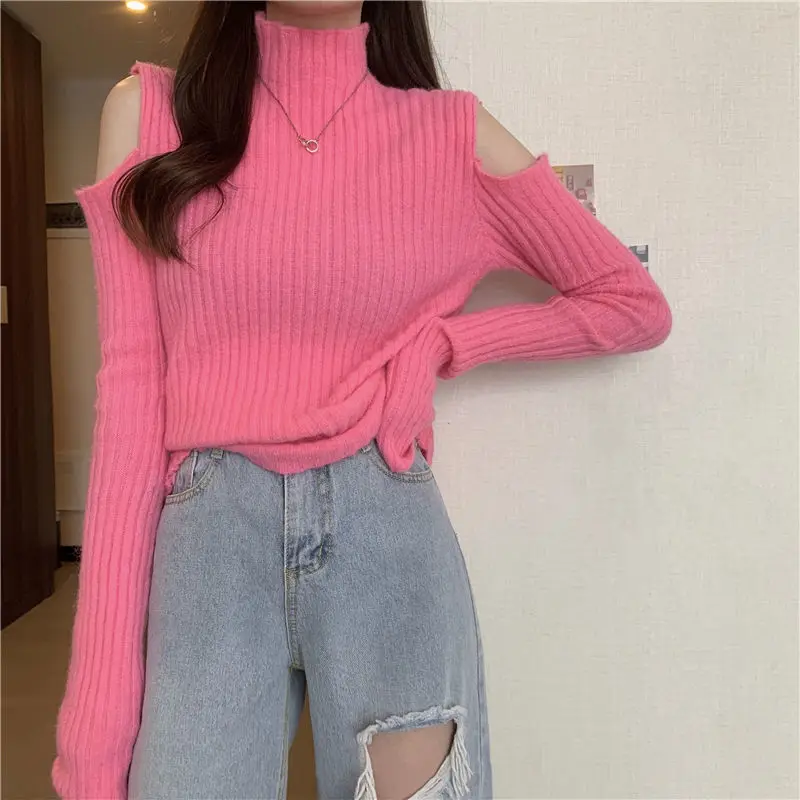 2024 Autumn Winter Pullover Knitwear Turtleneck off-the-Shoulder Sweater for Women Woman Sweaters Femme Chandails Pull Hiver