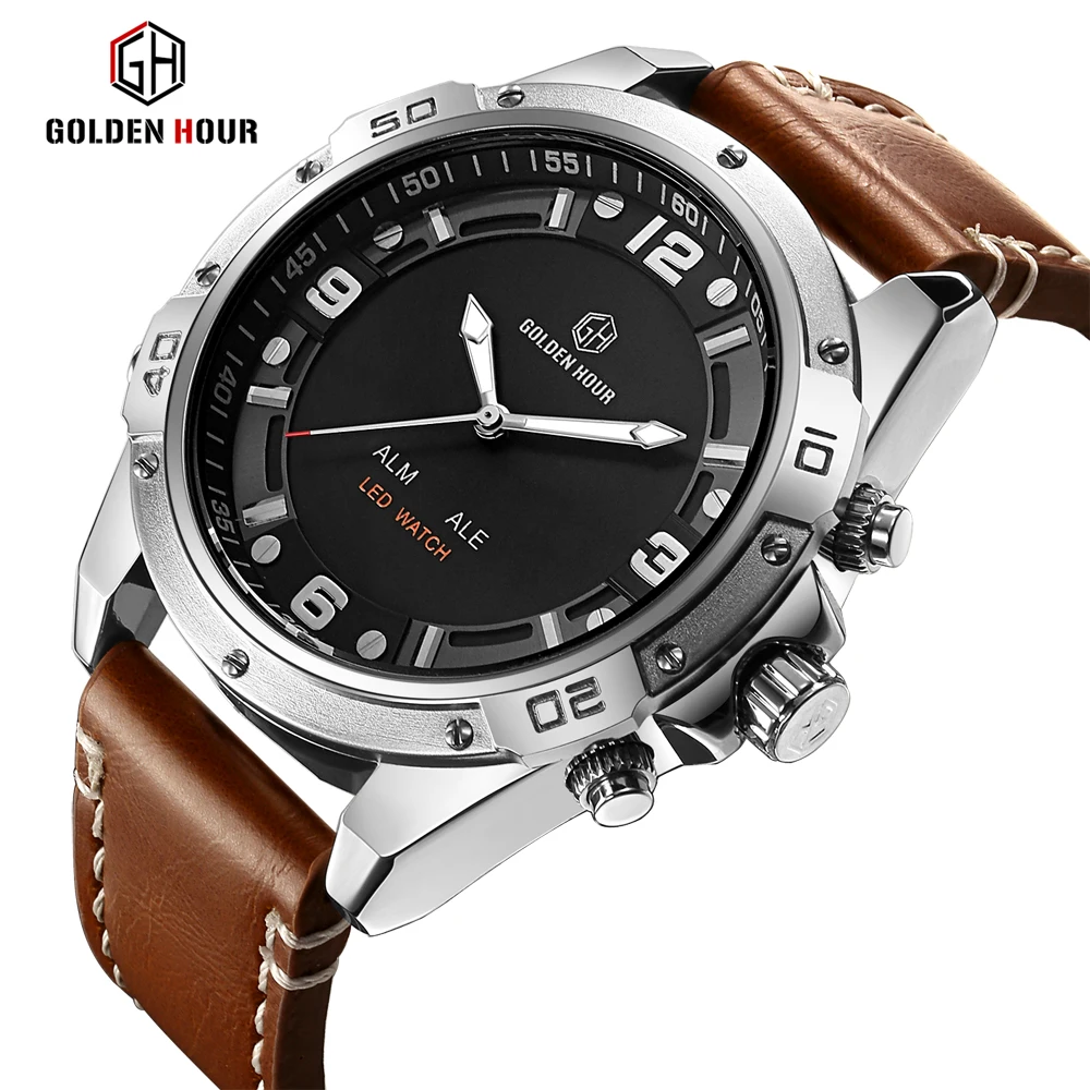 GOLDENHOUR Luxury Fashion Sport Men Watches Army Military Mens Watch Leather Waterproof Wristwatch Male Clock Relogio Masculino