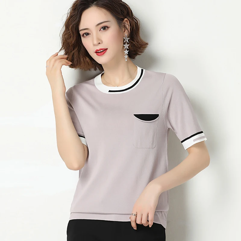 

Женская тонкая трикотажная футболка в полоску, Повседневная футболка контрастных цветов с коротким рукавом, лето 2022