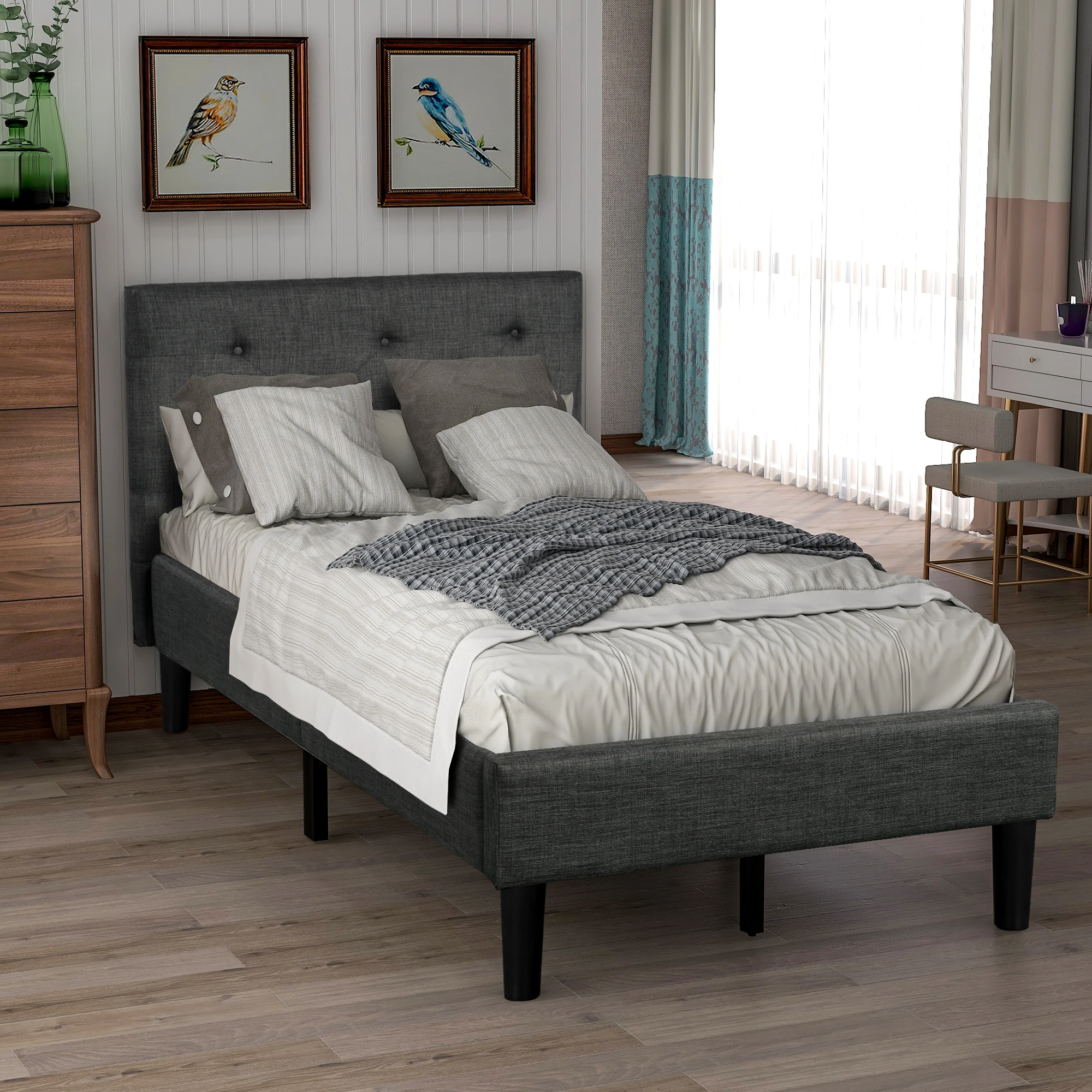 Twin Size Bed Frame Upholstered Button Tufted Platform Bed with Strong Wood Slat Support 84