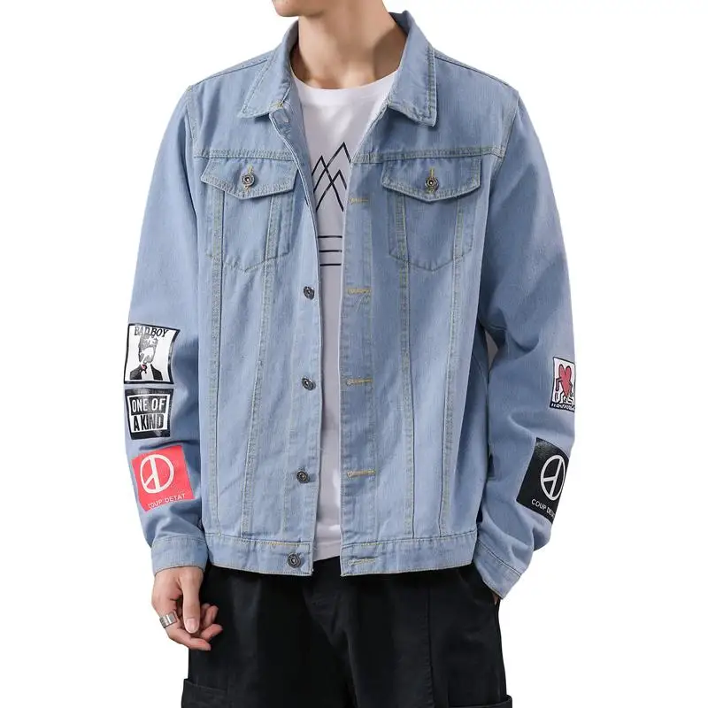 

New Denim Jacket Men Turn Down Collar Jean Jackets Coat Letter Printed Casual Street Hip Hop Loose Denim Outerwear Coats Men