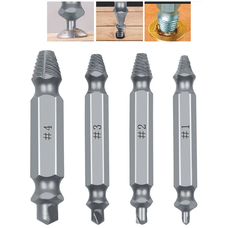 양면 드릴 아웃 손상된 나사 추출기 아웃 리무버 핸디맨 깨진 볼트 스터드 제거 도구 키트 4pc # 1 # 2 # 3 # 4 케이스 포함