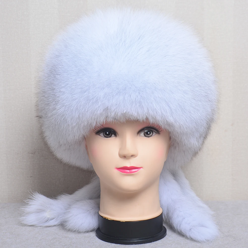 2024 Hot Sale Russian Women Thick Winter Warm Real Fox Fur Hats Beanie Women Hat Natural Fluffy Fur Caps With Tail